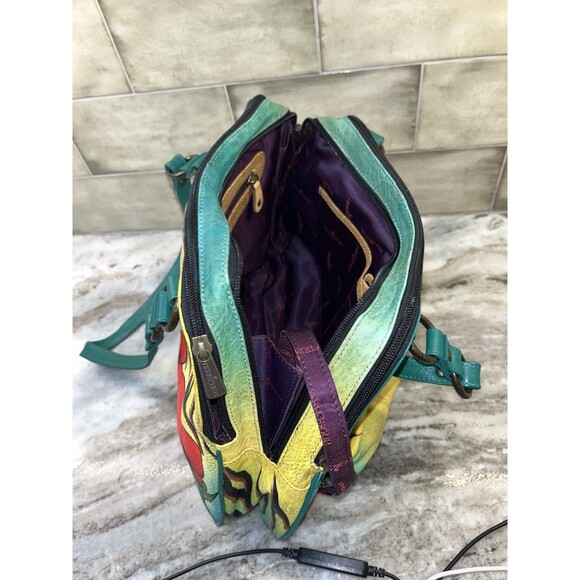 Anuschka Hand Painted Art Leather Tiger Leopard Hibiscus Satchel Purse W/Coin - Picture 9 of 16